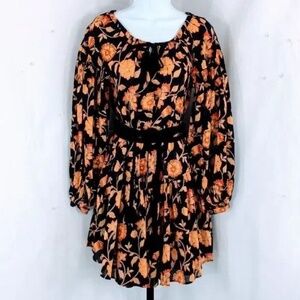 Aish Sasha Mini Dress Black Orange Ruffle Floral Print Belted Dress Sz S